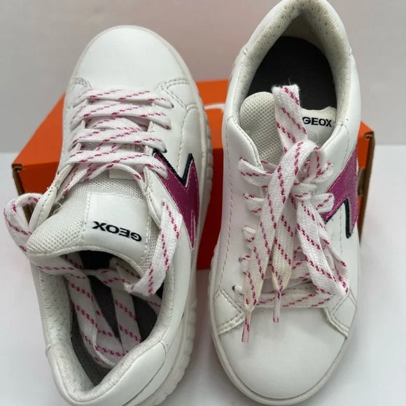 Geox Kids White Leather Sneakers with Pink Lightning Bolt with orthopedic insole - Picture 5 of 16